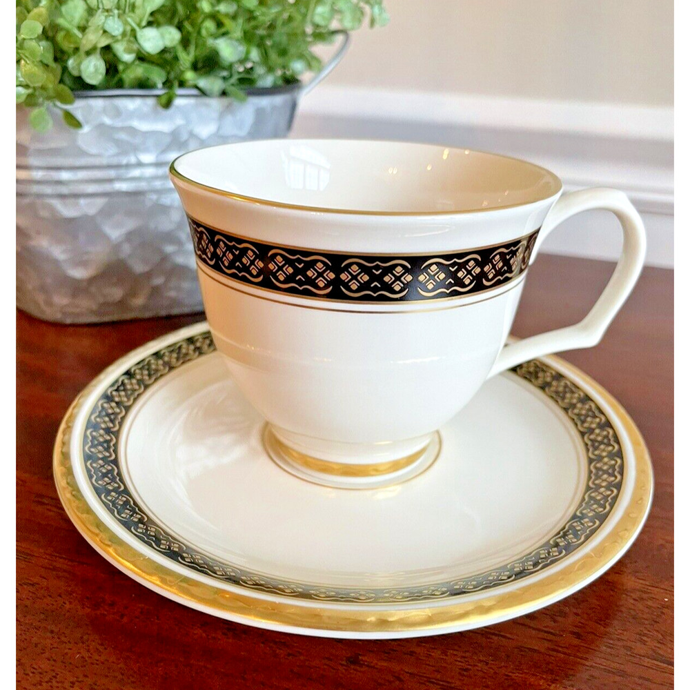 Pickard China Black Sapphire Cup and Saucer Hand Decorated Black and Gold